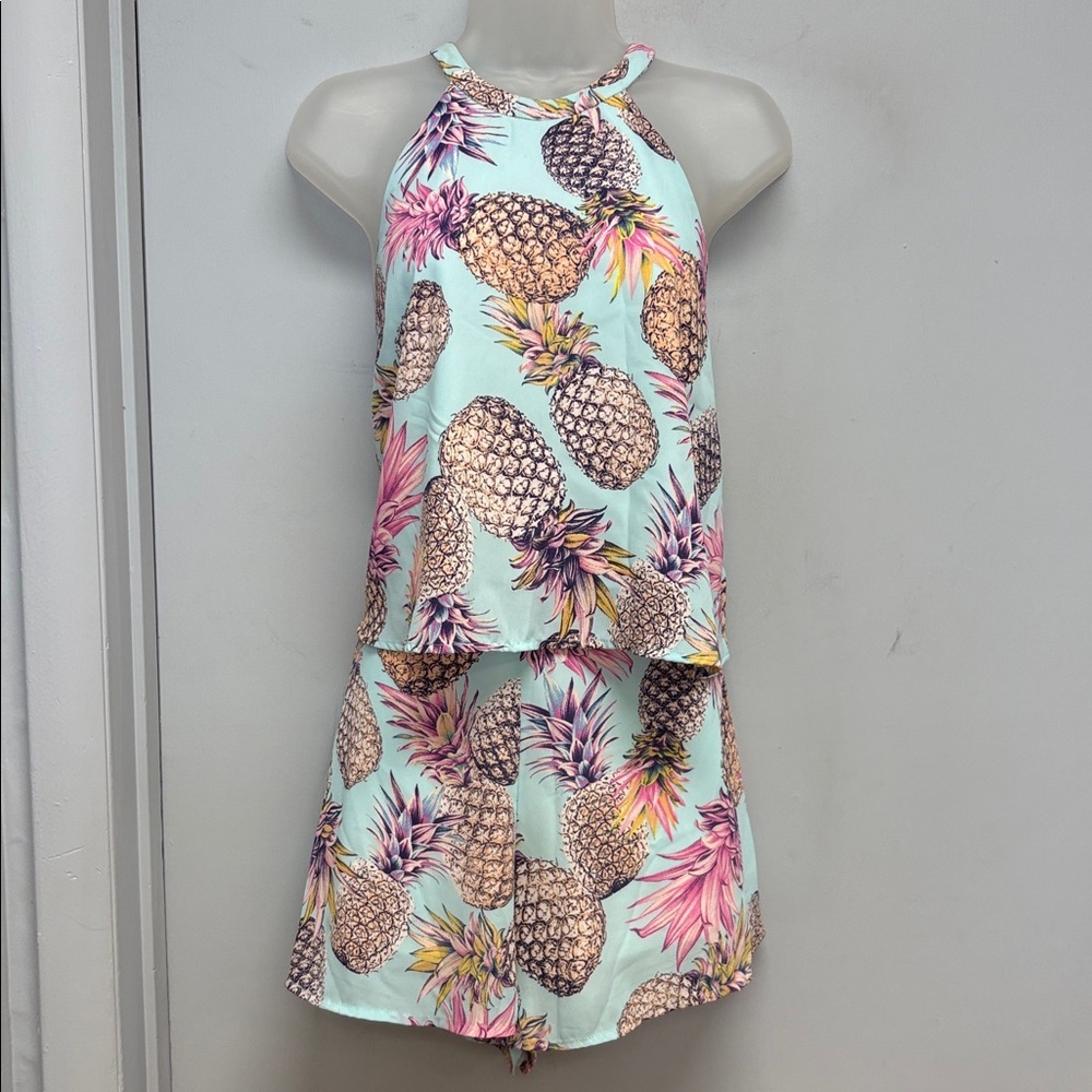 Crescent Pineapple Print Two-Piece Set Halter Top & Shorts | Light Blue | Large